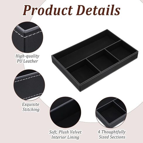 2 علبة من الجلد للرجال - منظم منضدة ومنضدة من جلد البولي يوريثان الفاخر، صينية تخزين قابلة للتكديس للمفاتيح، المحفظة، الساعة، الهاتف، المجوهرات باللون الأسود والبني in Kuwait