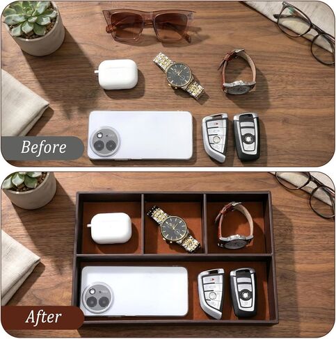 2 علبة من الجلد للرجال - منظم منضدة ومنضدة من جلد البولي يوريثان الفاخر، صينية تخزين قابلة للتكديس للمفاتيح، المحفظة، الساعة، الهاتف، المجوهرات باللون الأسود والبني in Kuwait