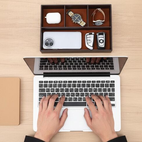 2 علبة من الجلد للرجال - منظم منضدة ومنضدة من جلد البولي يوريثان الفاخر، صينية تخزين قابلة للتكديس للمفاتيح، المحفظة، الساعة، الهاتف، المجوهرات باللون الأسود والبني in Kuwait