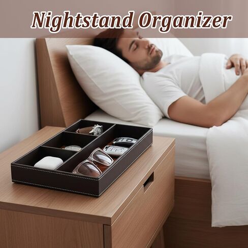 2 علبة من الجلد للرجال - منظم منضدة ومنضدة من جلد البولي يوريثان الفاخر، صينية تخزين قابلة للتكديس للمفاتيح، المحفظة، الساعة، الهاتف، المجوهرات باللون الأسود والبني in Kuwait