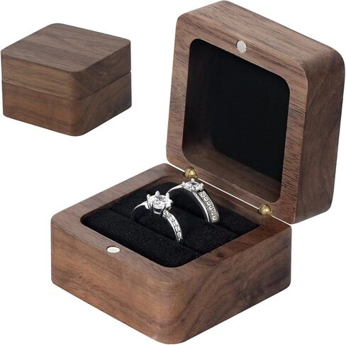 صندوق حلقي خشبي، فتحتان صغيرتان مربعتان من الخشب الصلب حامل حلقي مزدوج، علبة حلقية عتيقة لخواتم الزفاف، مثالية للخطوبة، والاقتراح، والذكرى السنوية، والاحتفالات، وتقديم الهدايا in Kuwait