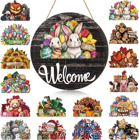 Yousoontic 17 Pcs 12 Inch Magnetic welcome door sign for Interchangeable Front Door Decorations Seasonal and Festive Door Signs for Home Round Wood Sign Hanging welcome door signs for Wall Farmhouse in Kuwait