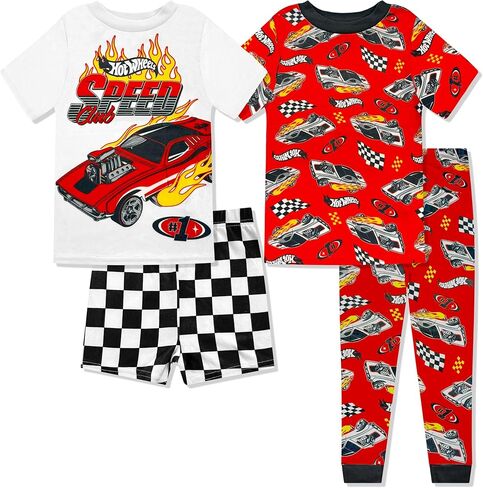 طقم بيجامة مكون من 4 قطع من Hot Wheels - طقم بيجامة مناسب للأطفال الصغار، شورتات وسراويل قصيرة الأكمام - ملابس نوم للأطفال - ترخيص رسمي in Kuwait