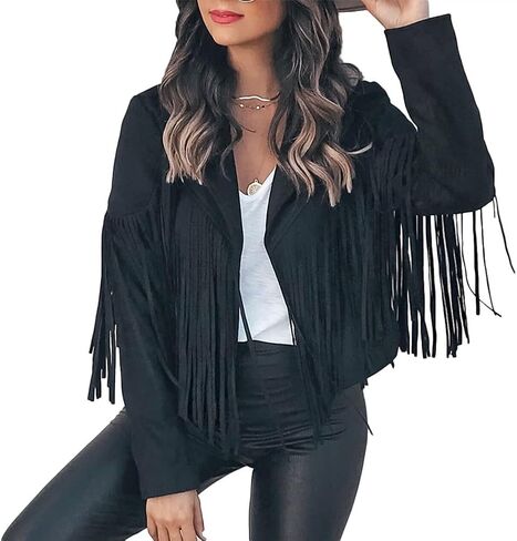 Fringe Faux Suede Leather Jackets for Women Tassel Motorcycle Moto Biker Short Open Front Tassel Coat in Saudi Arabia