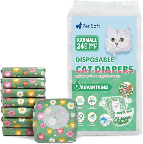 Pet Soft Disposable Cat Diapers - Diapers for Female & Male Cats, Puppy Doggie Diapers for Female Dogs with Adjustable Foam Tail Hole, 24pcs XSmall in Kuwait