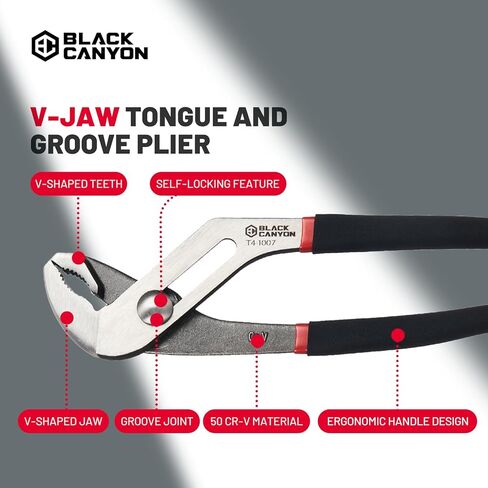 BLACK CANYON Groove Joint Plier 10in, V-Jaw&Teeth Tongue and Groove Plier with 6 Jaw Positions, 50 Cr-V Steel, Self-Locking, Ergonomic Handle for Automotive Repairs, Nuts, Bolts, Plumbing, Gripping in Saudi Arabia