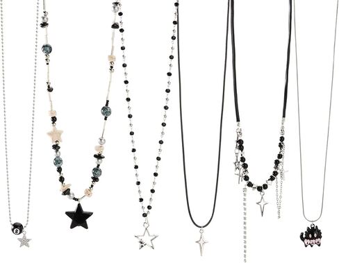 6PCS Y2K Gothic Necklace Set - Grunge Emo Jewelry for Women, Vintage Silvery Emo Alt Accessories Set, Goth Star Necklace for Y2K Aesthetic, Grunge Alternative Necklaces Pack for Women in Kuwait