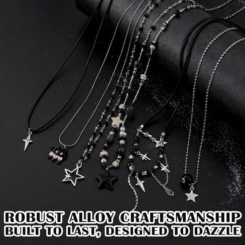 6PCS Y2K Gothic Necklace Set - Grunge Emo Jewelry for Women, Vintage Silvery Emo Alt Accessories Set, Goth Star Necklace for Y2K Aesthetic, Grunge Alternative Necklaces Pack for Women in Kuwait
