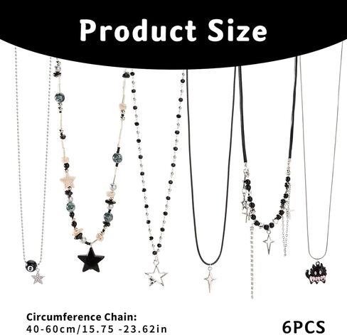 6PCS Y2K Gothic Necklace Set - Grunge Emo Jewelry for Women, Vintage Silvery Emo Alt Accessories Set, Goth Star Necklace for Y2K Aesthetic, Grunge Alternative Necklaces Pack for Women in Kuwait