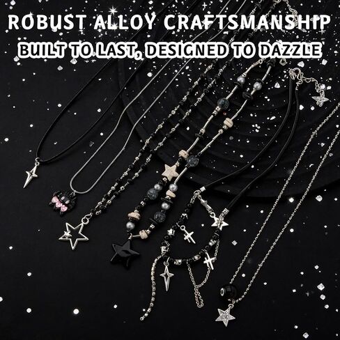 6PCS Y2K Gothic Necklace Set - Grunge Emo Jewelry for Women, Vintage Silvery Emo Alt Accessories Set, Goth Star Necklace for Y2K Aesthetic, Grunge Alternative Necklaces Pack for Women in Kuwait