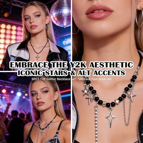 6PCS Y2K Gothic Necklace Set - Grunge Emo Jewelry for Women, Vintage Silvery Emo Alt Accessories Set, Goth Star Necklace for Y2K Aesthetic, Grunge Alternative Necklaces Pack for Women in Kuwait