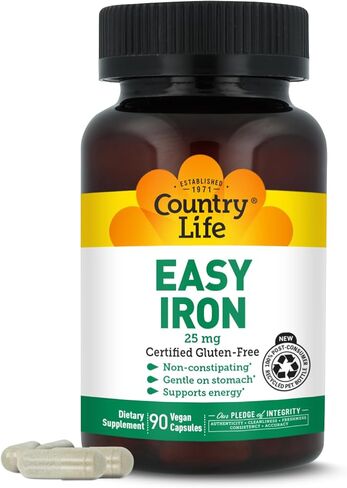 Country Life Easy Iron 25mg Capsules - Gentle Non-Constipating Ferrochel - Vegan Vitamin Supplement for Women & Men - Supports Body Energy - Multivitamin with Iron in Kuwait
