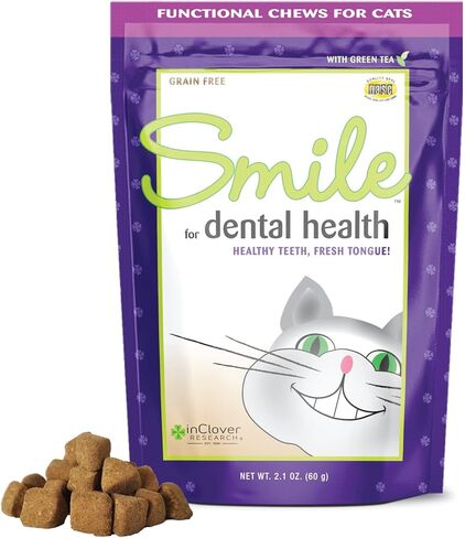 In Clover Smile Daily Dental Health Soft Chews for Cats, Support Healthy Teeth and Fresh Tongue with Catnip and Green Tea, Prebiotics, and Chlorophyll for Fresh Breath, 10.5 oz in Kuwait