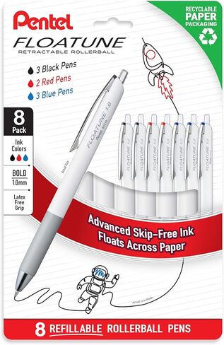 Pentel Floatune Retractable Rollerball, 1.0mm Bold Point, Black, Red, and Blue Ink, 8-pk (BY210PF8OFC) in Saudi Arabia
