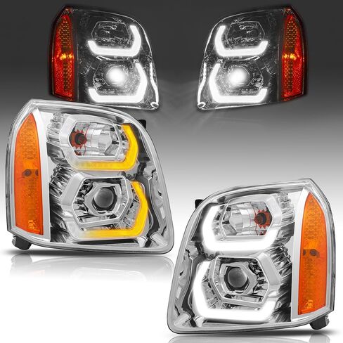 Headlight Assembly Halogen Compatible With 2007-2014 GMC Yukon 2007 2008 2009 2010 2011 2012 2013 2014 GMC Yukon Heaadlamp Assembly (Chrome Housing Amber Reflector) in Saudi Arabia