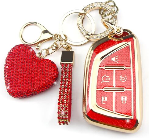 Key Fob Cover with Diamond Keychain Car Key Holder Case Compatible with Cadillac Escalade CT4 CT6 CT5 XTS XT4 XT5 ATS 2020-2023 Smart Remote Key Protector for Women, 5 Buttons (Pink-Heart) in Kuwait