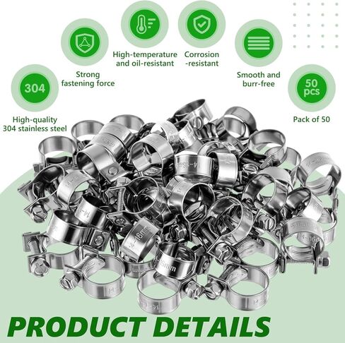 50 Pcs 3/8" 304 Stainless Steel Fuel Injection Hose Clamps, Adjustable 14-16mm (9/16"-5/8") Pipe Clips for Automotive Fuel System, Agriculture Machinery, Plumbing Water Pipe in Kuwait