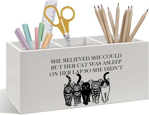 Funny Cat Pen Pencil Holder, Cat Mom Lady Lover Gifts, Cats Desk Accessories, She Believed She Could Kitty Wooden Pen Pencil Organizer for Home Office Desk Decor in Kuwait
