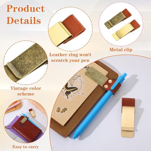 2PCS Notebook Pen Holder, Pen Holder for Notebooks, Journals, Planners, Brown Copper PU Leather Pens Clip Holders, Fits Most Pens Sizes in Kuwait