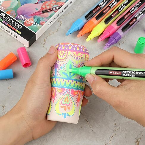 Neon Acrylic Paint Markers, 6 Bright Colors, 3mm Medium Tip, High Opacity Acrylic Paint Pens, Non Toxic, Smooth Ink Flow for Rock Painting, Wood, Glass, Fabric, Canvas, Metal, DIY Art Crafts in Kuwait