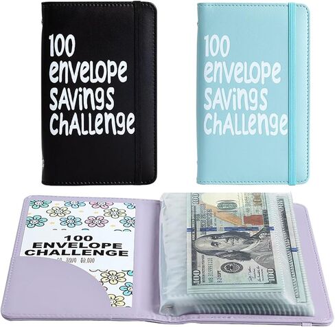 2Pcs 100 Envelopes Money Saving Challenge, Motivational Savings Challenge Binder, Durable Cash Organizer with Inspiring Quotes, Savings Challenges Book to Plan and Save $5,050(Black+blue) in Saudi Arabia
