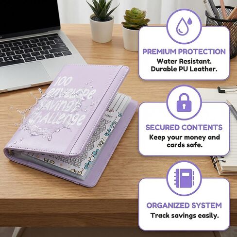 2Pcs 100 Envelopes Money Saving Challenge, Motivational Savings Challenge Binder, Durable Cash Organizer with Inspiring Quotes, Savings Challenges Book to Plan and Save $5,050(Black+blue) in Saudi Arabia