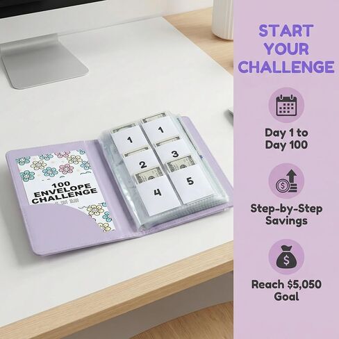 2Pcs 100 Envelopes Money Saving Challenge, Motivational Savings Challenge Binder, Durable Cash Organizer with Inspiring Quotes, Savings Challenges Book to Plan and Save $5,050(Black+blue) in Saudi Arabia