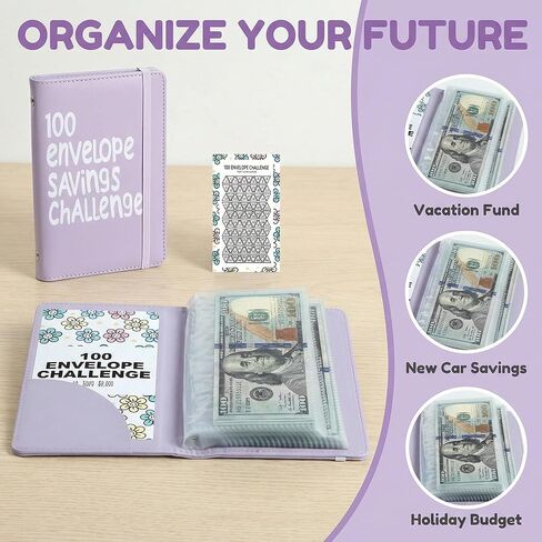 2Pcs 100 Envelopes Money Saving Challenge, Motivational Savings Challenge Binder, Durable Cash Organizer with Inspiring Quotes, Savings Challenges Book to Plan and Save $5,050(Black+blue) in Saudi Arabia