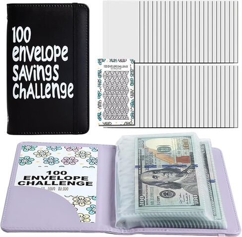 2Pcs 100 Envelopes Money Saving Challenge, Motivational Savings Challenge Binder, Durable Cash Organizer with Inspiring Quotes, Savings Challenges Book to Plan and Save $5,050(Black+blue) in Saudi Arabia