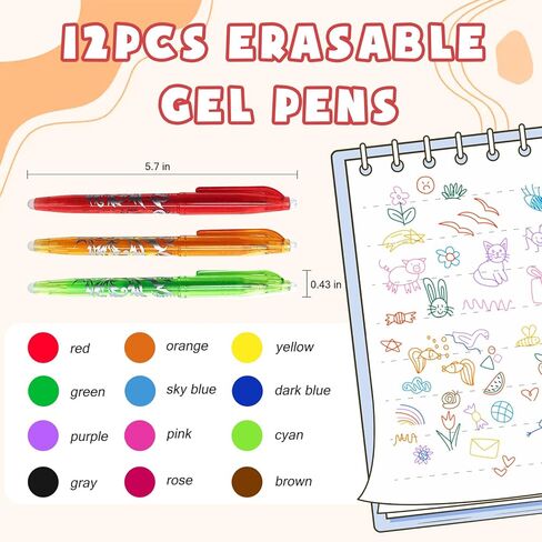 12 قلم حبر جاف قابل للمسح بألوان متنوعة، رأس رفيع 0.5 مم، أقلام حبر قابلة للمسح ناعمة وقابلة لإعادة الملء للفصل الدراسي والمكتب والكتابة اليومية in Kuwait