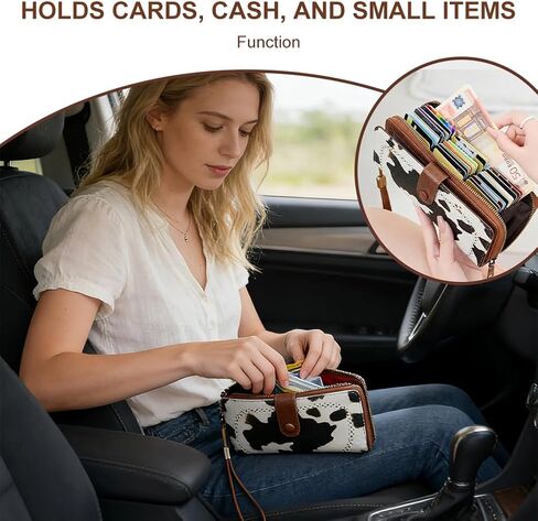 محفظة نسائية مزودة بتقنية RFID، حامل بطاقة ائتمان جلدية، سعة كبيرة، محفظة معصم، محفظة سفر، طباعة بقرة in Saudi Arabia