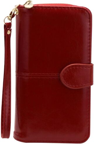 محفظة نسائية، محفظة بطاقات ذات سعة كبيرة من جلد البولي يوريثان مع مشبك وسحاب، محفظة طويلة للسفر والتسوق (أسود) in Kuwait