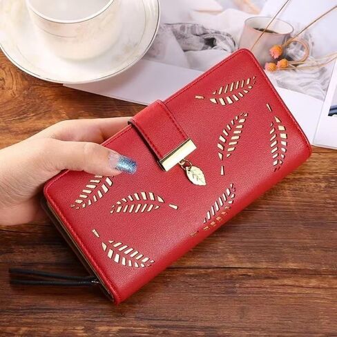 Women's Long Leaf Bifold Wallet Leather Card Holder Purse Zipper Buckle Elegant Clutch Wallet Handbag for Women in Saudi Arabia
