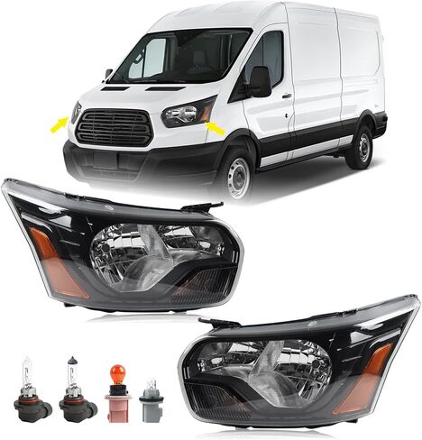 Pair Headlight Assembly Fit for 2015-2020 Ford Transit 150 250 350 Halogen Head Lamp Black Housing Left Driver and Right Passenger Side CK4Z13008G FO2503357 CK4Z13008F FO2502357 in Kuwait