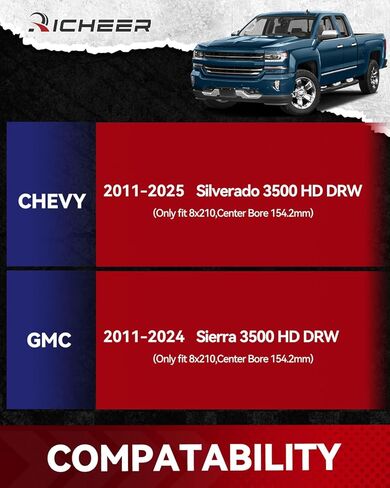 فواصل عجلة مركزية Richeer 8x210 لـ 2011-2025 Silverado Sierra 3500 HD DRW، فاصل عجلة 2 بوصة 8x210 مم مع مسامير 14x1.5 وتجويف مركزي 154.2 مم in Kuwait
