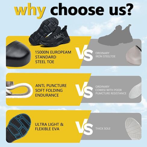 Hogent Steel Toe Shoes for Men Women, Puncture Resistant Work Shoes, Lightweight Breathable Slip On Safety Sneakers Ideal for Construction Warehouse Manufacturing in Saudi Arabia
