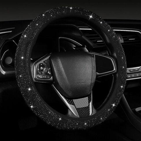 Bling Velvet Steering Wheel Cover with Sparkly Crystal Rhinestones, Anti-Slip, Breathable, Stretch Fit Car Accessory for Women & Girls – Universal Fit 14.5 to 15 Inch (Black Crystals) in Saudi Arabia