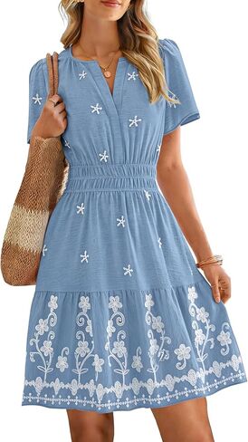 Simplee Womens Summer Mini Dress V Neck Short Sleeve Embroidery Wedding Guest Dress A Line Boho Dress with Pockets in Kuwait