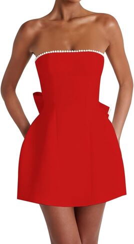 Mini Homecoming Dresses Pearl Satin Evening Dress with Bow Strapless Formal Party Gowns in Saudi Arabia