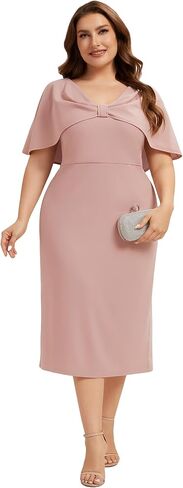 Ever-Pretty Plus High Stretch Crepe Plus Size Wedding Guest Dress Sheath Cape Sleeves Cocktail Dresses for Curvy Women in Kuwait