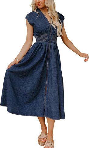 utcoco Womens Denim Dress Sleeveless V Neck Zip Up Smocked High Waist Ruffle A Line Long Midi Jean Dresses in Saudi Arabia