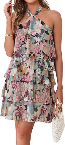 Simplee Womens Summer Floral Mini Dress Casual Sleeveless Halter Ruffle Tiered Chiffon Boho Beach Vacation Short Dresses in Kuwait
