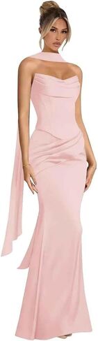 Strapless Satin Bridesmaid Dresses for Women Long Mermaid Pleated Formal Prom Evening Gowns with Scarf in Saudi Arabia