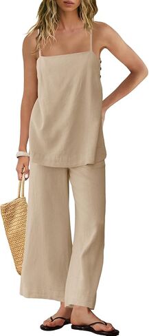 Panadila 2 Piece Linen Set Summer Travel Beach Vacation Outfit Sexy Spaghetti Strap Tank Top and Pants with Pockets in Kuwait