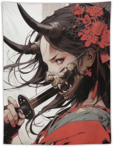 PailailaiNest Wall Art Tapestry Cool Anime Fantasy Japanese Samurai Girl Tapestry Aesthetic Wall Deocr for Office Bedroom Living Room Decor for Men And Woman Backdrop Wall Hanging Tapestries 30"x40" in Kuwait