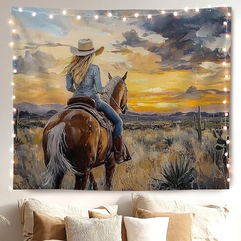 MKYFHSVGD Western Horse Cowgirl Tapestry Wall Hanging, Abstract Boho Sunset Desert Landscape Country Cowgirl Wall Tapestry for Girls Bedroom Living Room Home Decorations, 50x60 Inch in Saudi Arabia