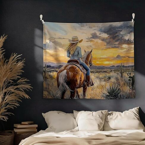 MKYFHSVGD Western Horse Cowgirl Tapestry Wall Hanging, Abstract Boho Sunset Desert Landscape Country Cowgirl Wall Tapestry for Girls Bedroom Living Room Home Decorations, 50x60 Inch in Saudi Arabia