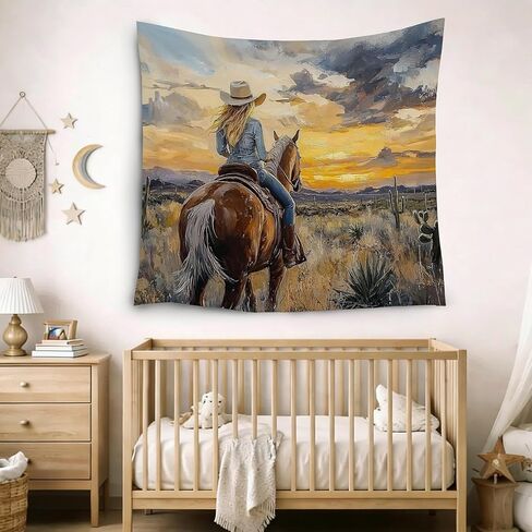 MKYFHSVGD Western Horse Cowgirl Tapestry Wall Hanging, Abstract Boho Sunset Desert Landscape Country Cowgirl Wall Tapestry for Girls Bedroom Living Room Home Decorations, 50x60 Inch in Saudi Arabia