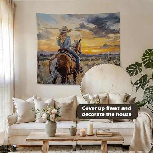 MKYFHSVGD Western Horse Cowgirl Tapestry Wall Hanging, Abstract Boho Sunset Desert Landscape Country Cowgirl Wall Tapestry for Girls Bedroom Living Room Home Decorations, 50x60 Inch in Saudi Arabia