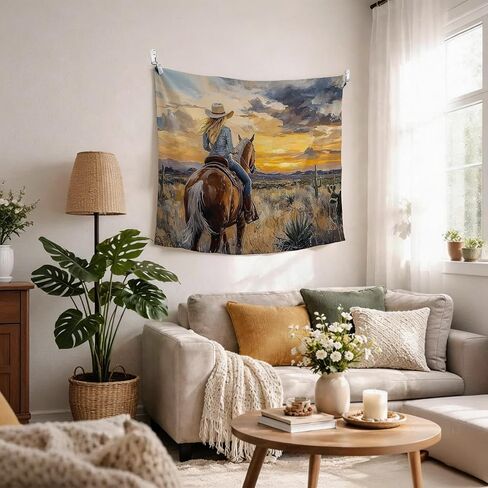 MKYFHSVGD Western Horse Cowgirl Tapestry Wall Hanging, Abstract Boho Sunset Desert Landscape Country Cowgirl Wall Tapestry for Girls Bedroom Living Room Home Decorations, 50x60 Inch in Saudi Arabia
